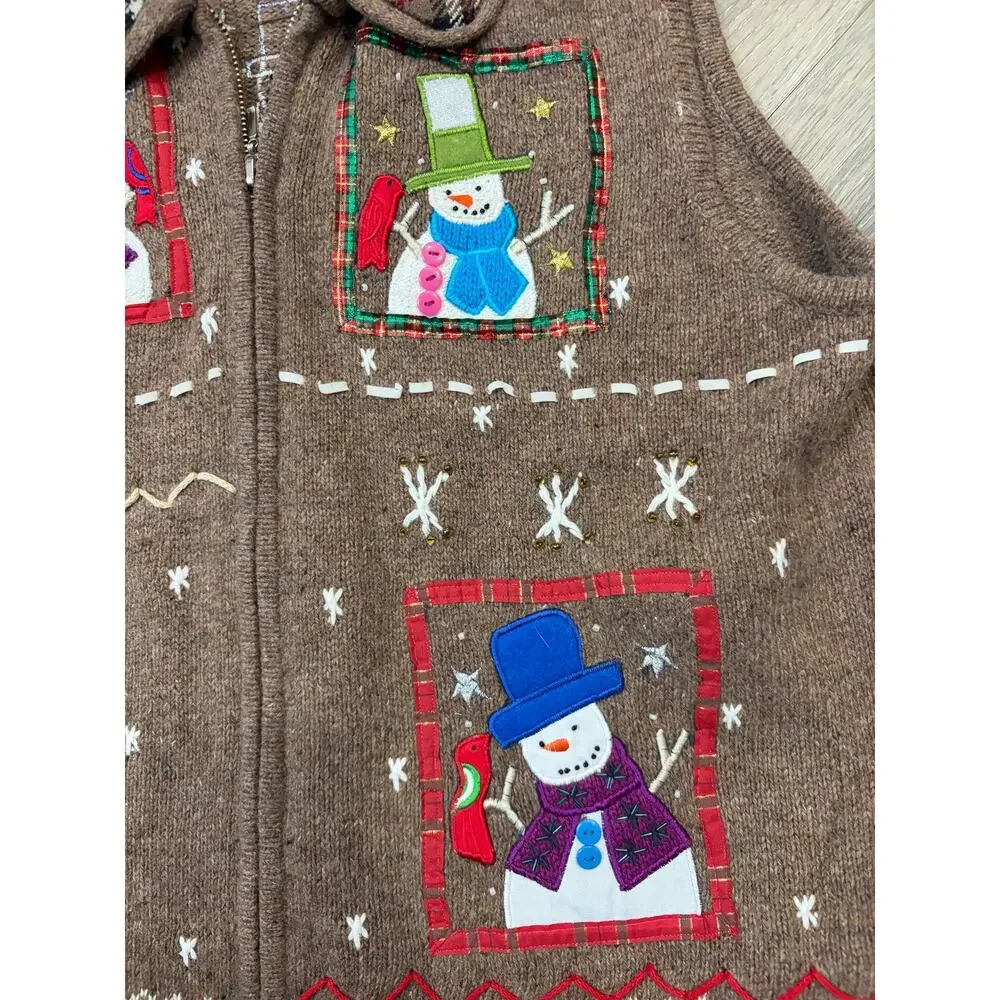 Hampshire Studio Snowman Sweater Vest Large Brown Christmas Holiday Knit
